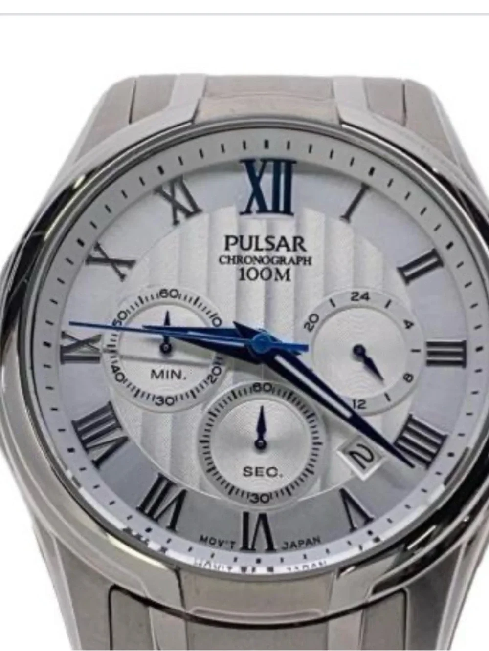 PULSAR Men’s Chronograph Watch Silver/Blue Roman Dial Stainless  VD53-X114 45mm